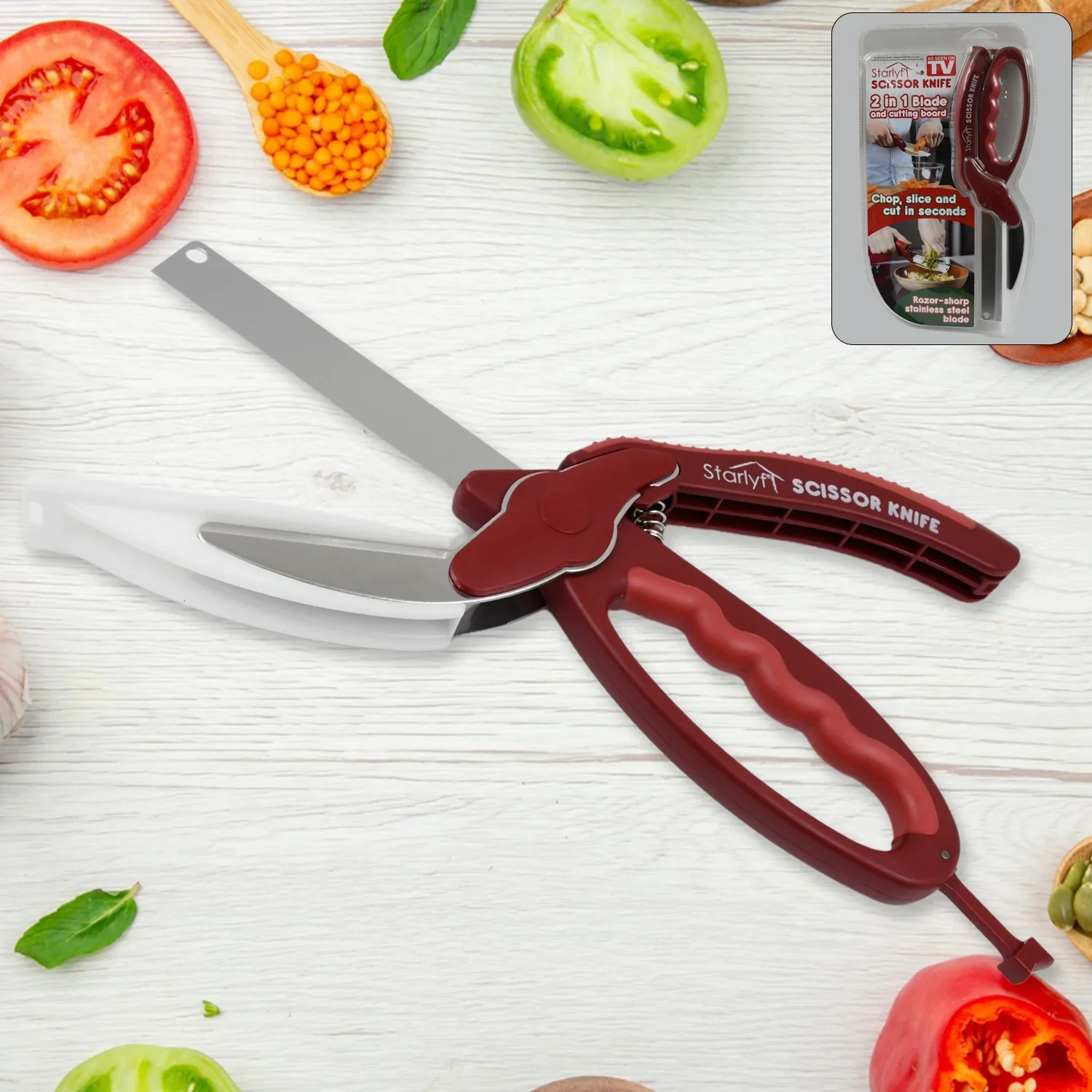 12019 2 in 1 Kitchen Knife Scissor with Spring Locking Hinge and Chopping Board (1 Pc / With Card Packing) - Image 2