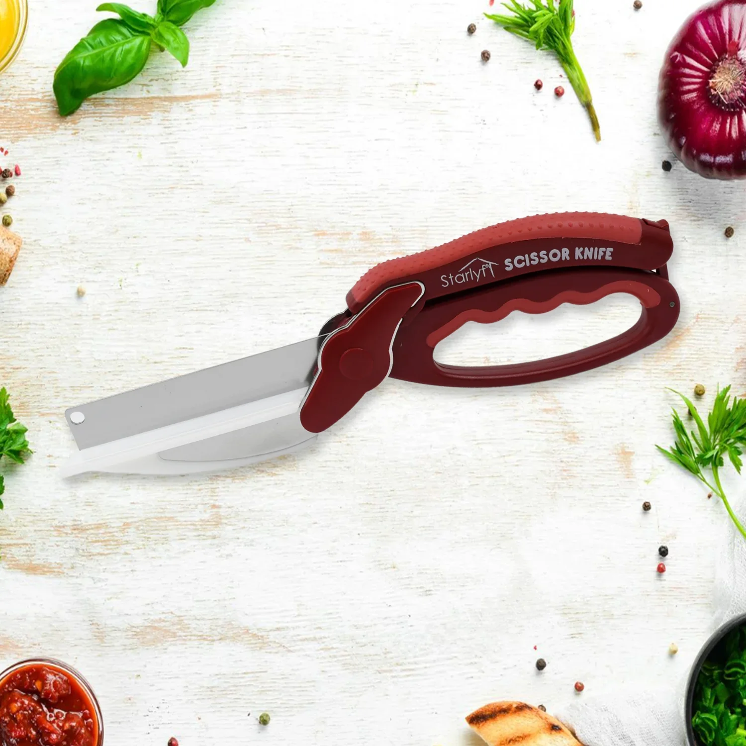 12019 2 in 1 Kitchen Knife Scissor with Spring Locking Hinge and Chopping Board (1 Pc / With Card Packing) - Image 3