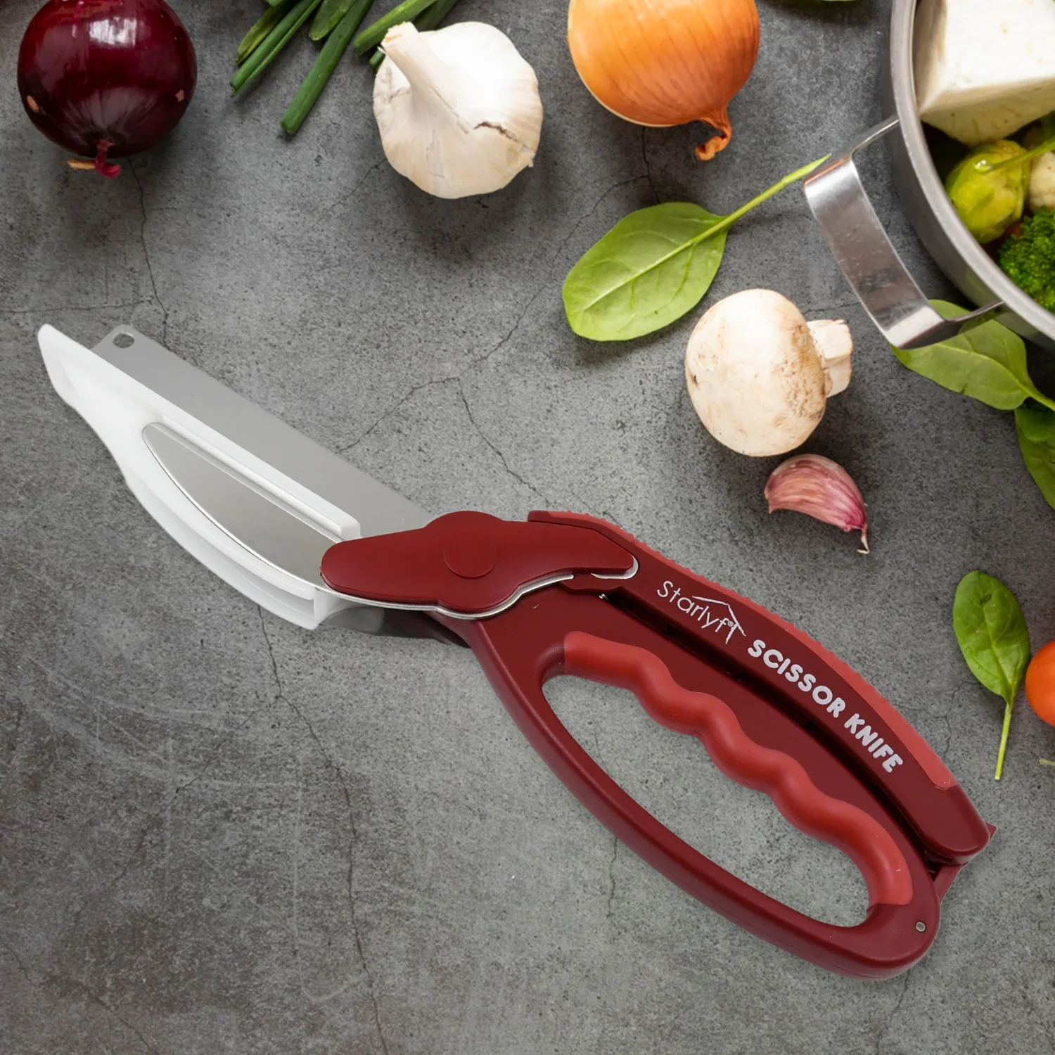 12019 2 in 1 Kitchen Knife Scissor with Spring Locking Hinge and Chopping Board (1 Pc / With Card Packing) - Image 4