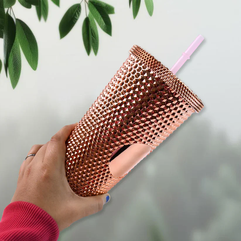 14083 Studded Cup Tumbler Straw Lid - Plastic Double Walled Cold Cup for iced Coffee - Image 2