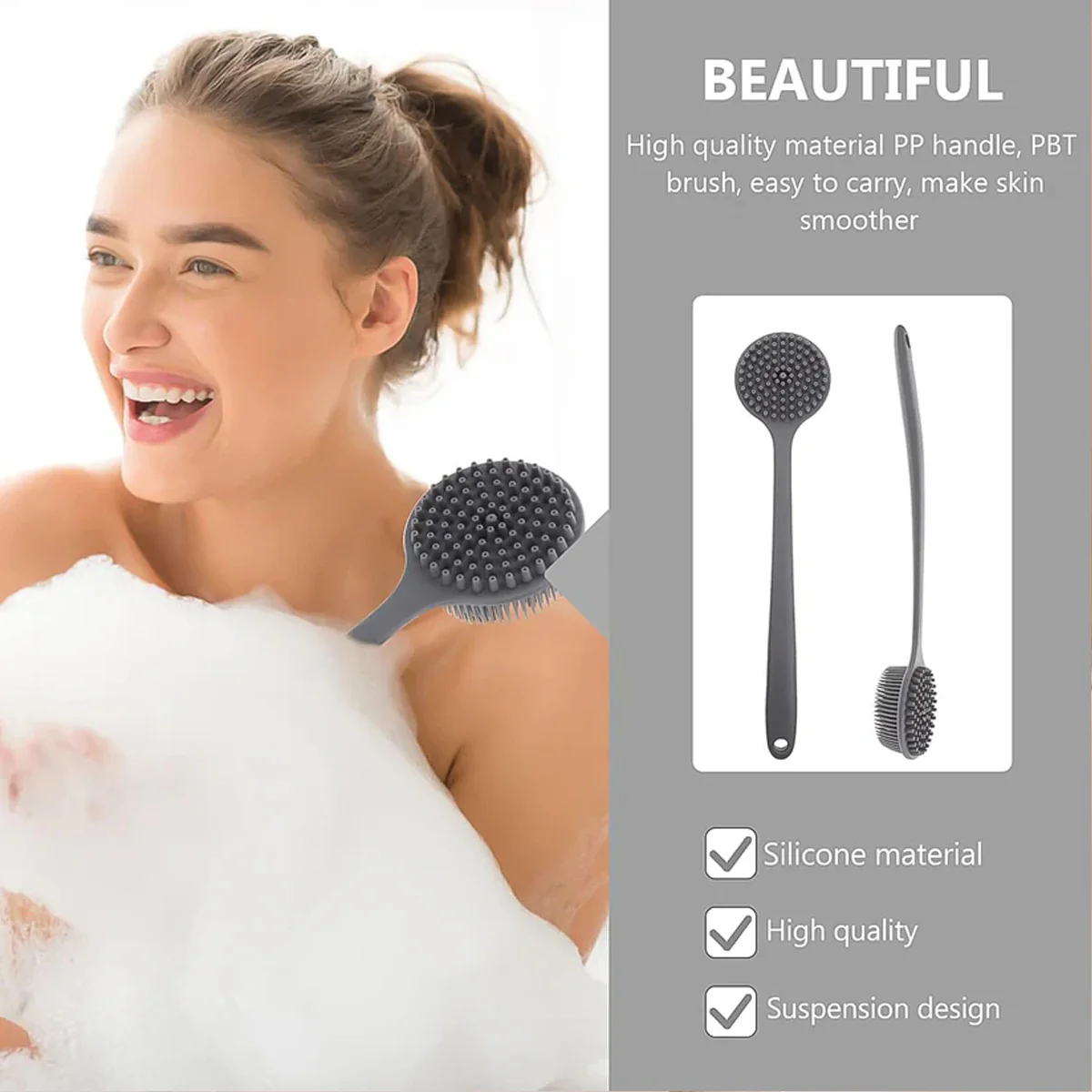 14219 Silicone Back Scrubber Brush with Long Handle (1 Pc) - Image 3