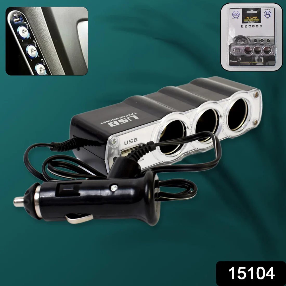 15104 Triple 3 Way Car 12v Lighter Socket Splitter USB Charger Power Adapter - Image 3