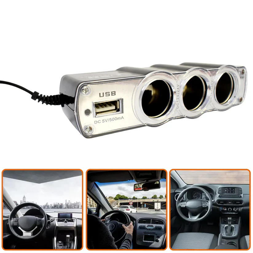 15104 Triple 3 Way Car 12v Lighter Socket Splitter USB Charger Power Adapter - Image 5