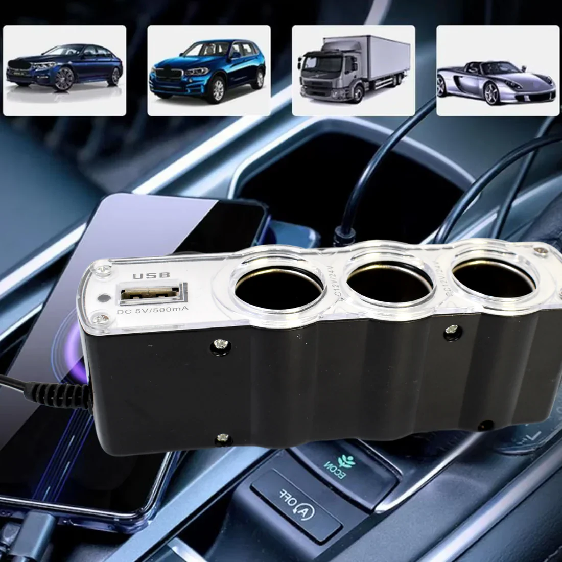 15104 Triple 3 Way Car 12v Lighter Socket Splitter USB Charger Power Adapter - Image 6