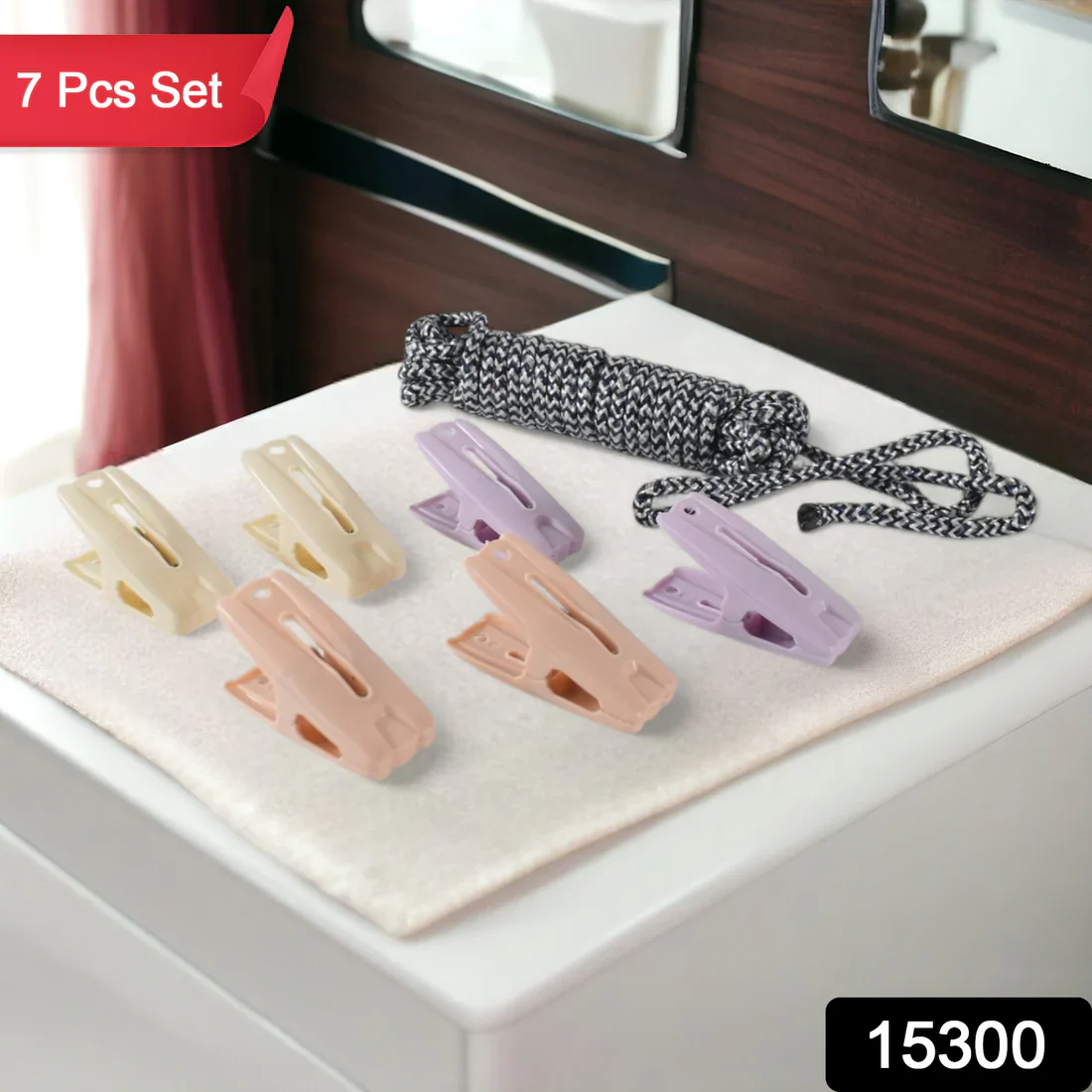 15300 Cloth Drying Rope with Clips – Convenient and Durable Hanging Solution (7 Pc Set) - Image 2