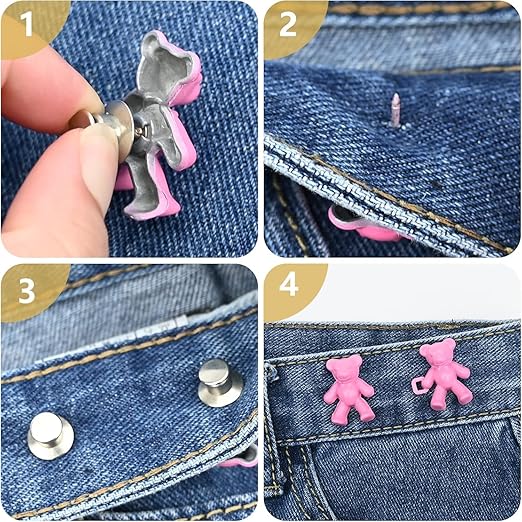 AM3230 Cute Bear Metal Jean Buttons Pins Waist Tightener Clips for Loose Jeans, No-Sew Adjustable Waistband Buckle for Pants, Detachable Bear Design for Women and Skirts Set of 2 - Image 2