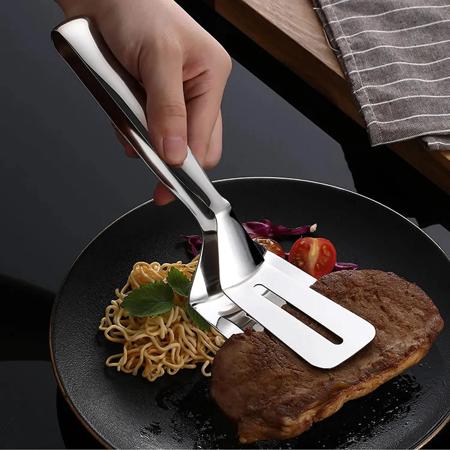 2918 Multifunction Cooking Serving Turner Frying Food Tong. Stainless Steel Steak Clip Clamp BBQ Kitchen Tong. - Image 2