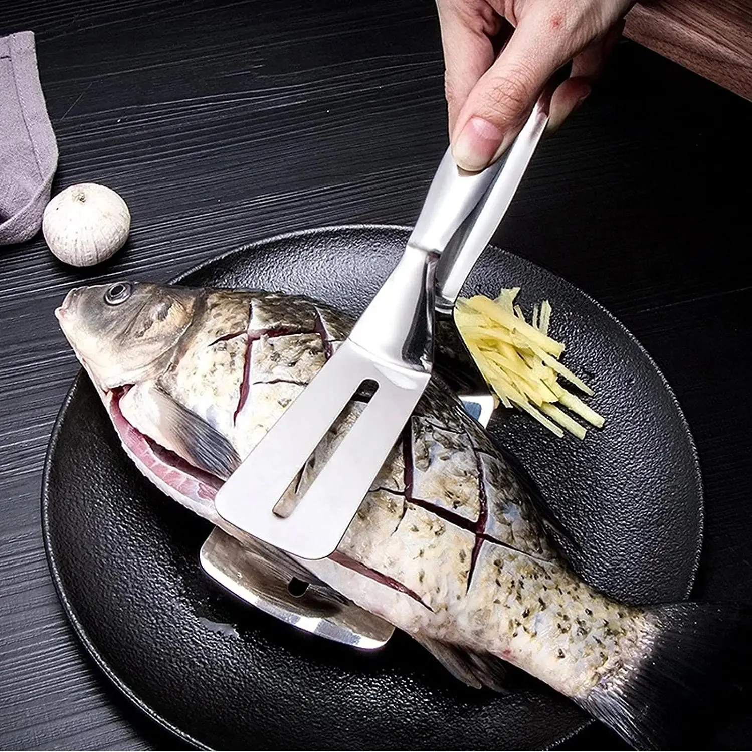 2918 Multifunction Cooking Serving Turner Frying Food Tong. Stainless Steel Steak Clip Clamp BBQ Kitchen Tong. - Image 7