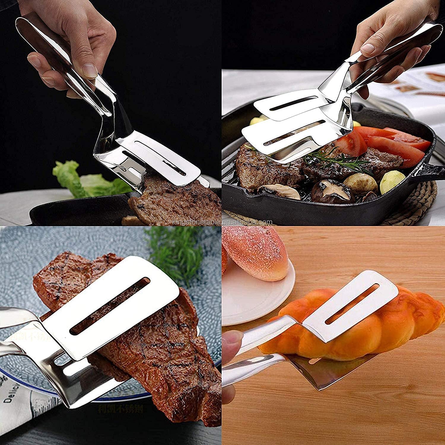 2918 Multifunction Cooking Serving Turner Frying Food Tong. Stainless Steel Steak Clip Clamp BBQ Kitchen Tong. - Image 9