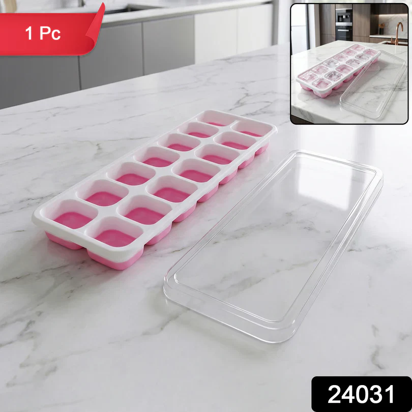 24031 Pink Plastic Ice Cube Tray with Lid - 14 Grid Multipurpose Mold