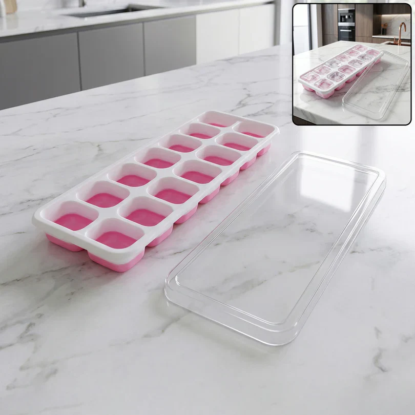 24031 Pink Plastic Ice Cube Tray with Lid - 14 Grid Multipurpose Mold - Image 2