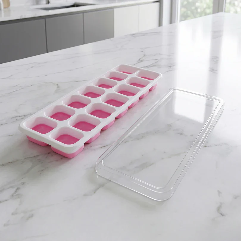 24031 Pink Plastic Ice Cube Tray with Lid - 14 Grid Multipurpose Mold - Image 5