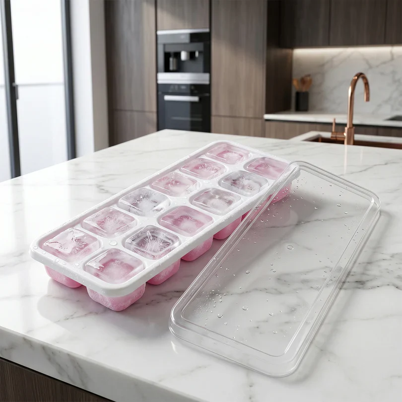 24031 Pink Plastic Ice Cube Tray with Lid - 14 Grid Multipurpose Mold - Image 8