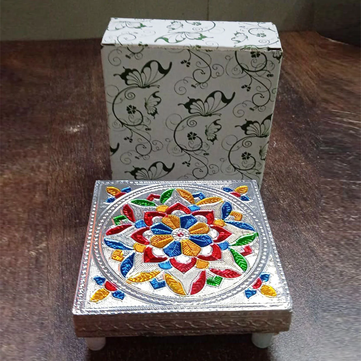 2563 1 Pc Meenakari Wooden Chowki & Bajot Set: For Home & Office Puja (Multicolor) - Image 7