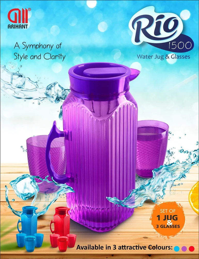 3047 Water Roi Pet Jug set of 1 jug & 3 glasses (Multi-colour)-1.5 ltr - Image 3