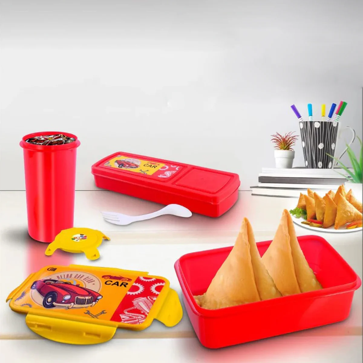 3128 Cartoon Character Printed -3 in 1 Set of- Lunch Box, Pencil Box and Water Bottle for Kids - Image 2