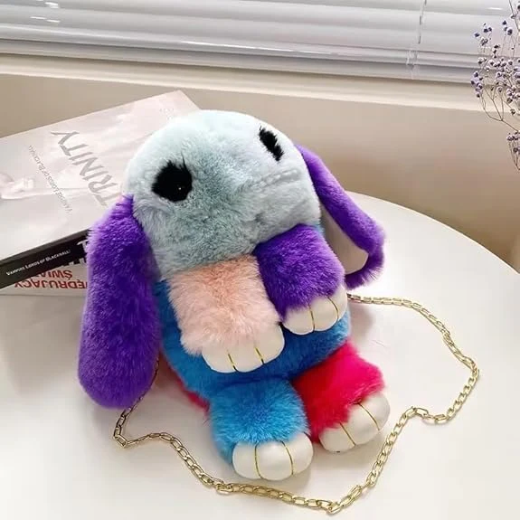 3147 Soft Cute Bunny Sling Bag With Chain And Smooth Zipper For Girls/Fluffy Rabbit Cross body& Hand Bag/Plush Bunny Shoulder Bag Multicolour Pack Of 1 Piece - Image 3