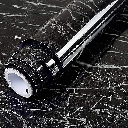 3380 Marble Foil Kitchen Stickers Oil-Proof Waterproof Self Adhesive Wallpaper PVC Bathroom Wall Stickers Contact Paper Marble (60 x 200cm, Black)
