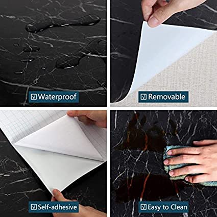 3380 Marble Foil Kitchen Stickers Oil-Proof Waterproof Self Adhesive Wallpaper PVC Bathroom Wall Stickers Contact Paper Marble (60 x 200cm, Black) - Image 2