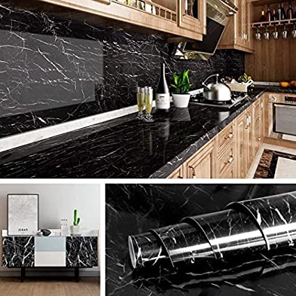 3380 Marble Foil Kitchen Stickers Oil-Proof Waterproof Self Adhesive Wallpaper PVC Bathroom Wall Stickers Contact Paper Marble (60 x 200cm, Black) - Image 3