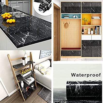 3380 Marble Foil Kitchen Stickers Oil-Proof Waterproof Self Adhesive Wallpaper PVC Bathroom Wall Stickers Contact Paper Marble (60 x 200cm, Black) - Image 4