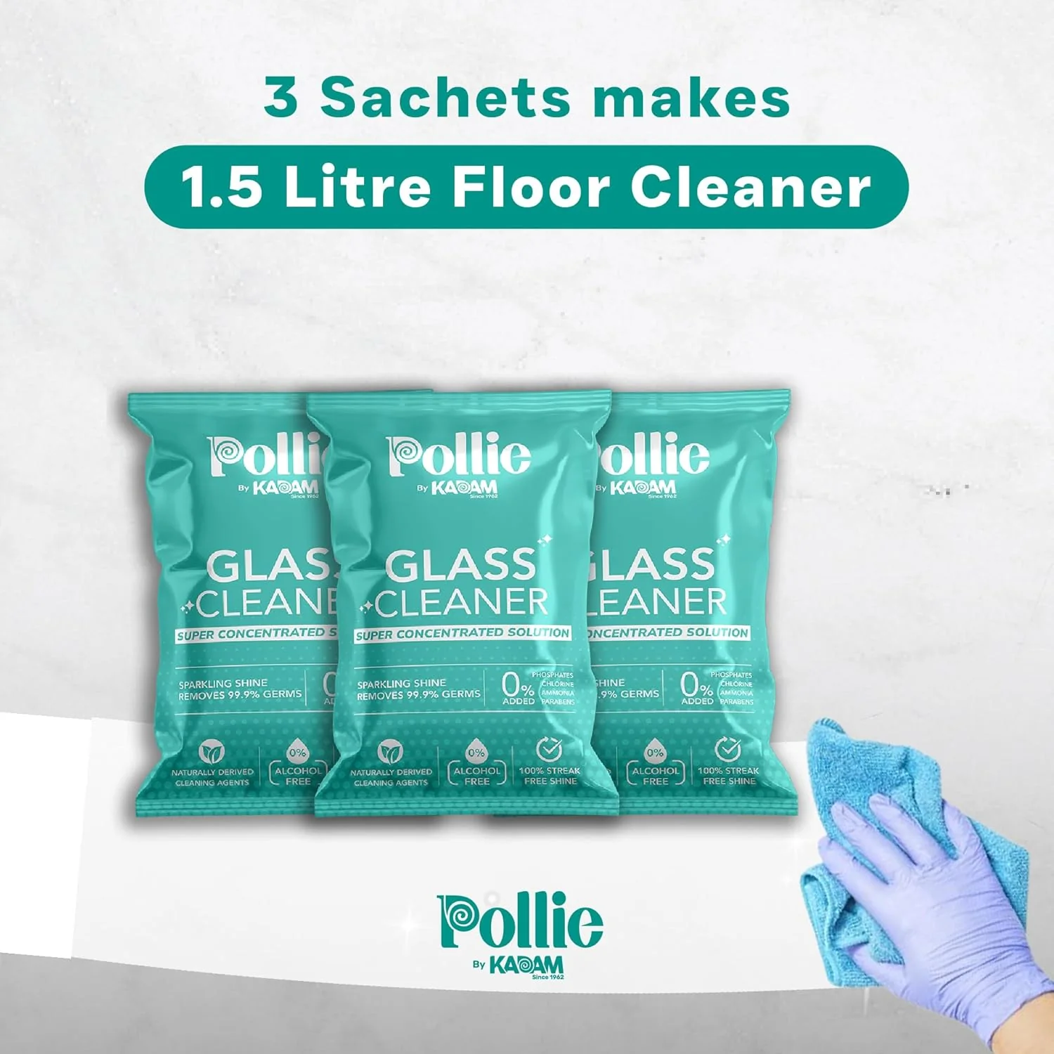 3611 Pollie Glass Cleaner 1.5L | 1 Empty Bottle + 3 Sachets | 1 Sachet makes 500mL | For Gadgets, Electronics, Cars, Kitchens, - Image 2