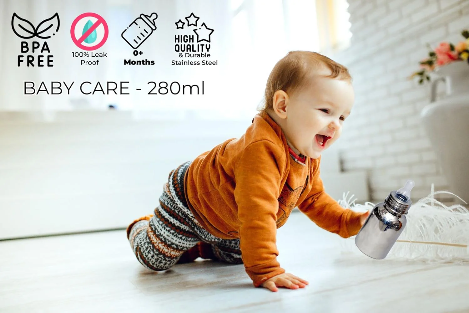 3782 BabyCare Stainless Steel Infant Baby Feeding Bottle | Milk Bottle for New Born Baby - Capacity 250ml - Joint Less 304 Grade - Image 2