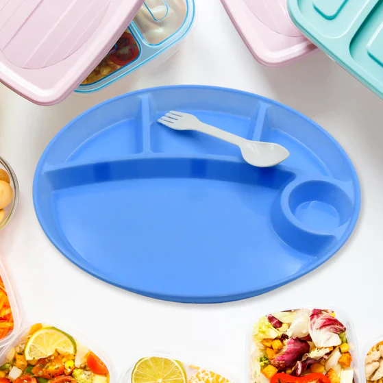 5577 PLASTIC FOOD PLATES / BIODEGRADABLE 5 COMPARTMENT PLATE WITH SPOON FOR FOOD SNACKS / NUTS / DESSERTS PLATES FOR KIDS, REUSABLE PLATES FOR OUTDOOR, CAMPING, BPA-FREE (1 PC) - Image 2