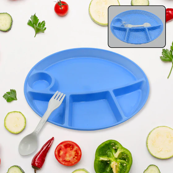 5577 PLASTIC FOOD PLATES / BIODEGRADABLE 5 COMPARTMENT PLATE WITH SPOON FOR FOOD SNACKS / NUTS / DESSERTS PLATES FOR KIDS, REUSABLE PLATES FOR OUTDOOR, CAMPING, BPA-FREE (1 PC) - Image 3
