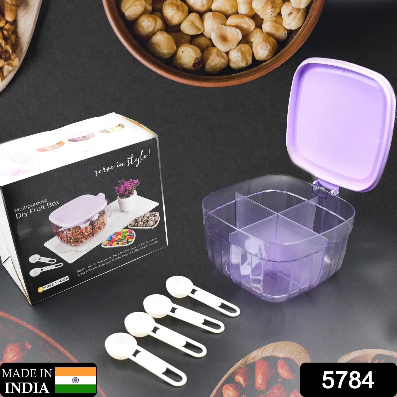 5784 Multipurpose Dry fruit Set, Chocolate, Snacks Storage Box, Masala Box for Home and Kitchen Airtight Dry Fruit Plastic Storage Container Tray Set With Lid & 4 Compartment, 4 Spoon Container for Sweets,Chips,Cookies | (1 Pc ) - Image 2
