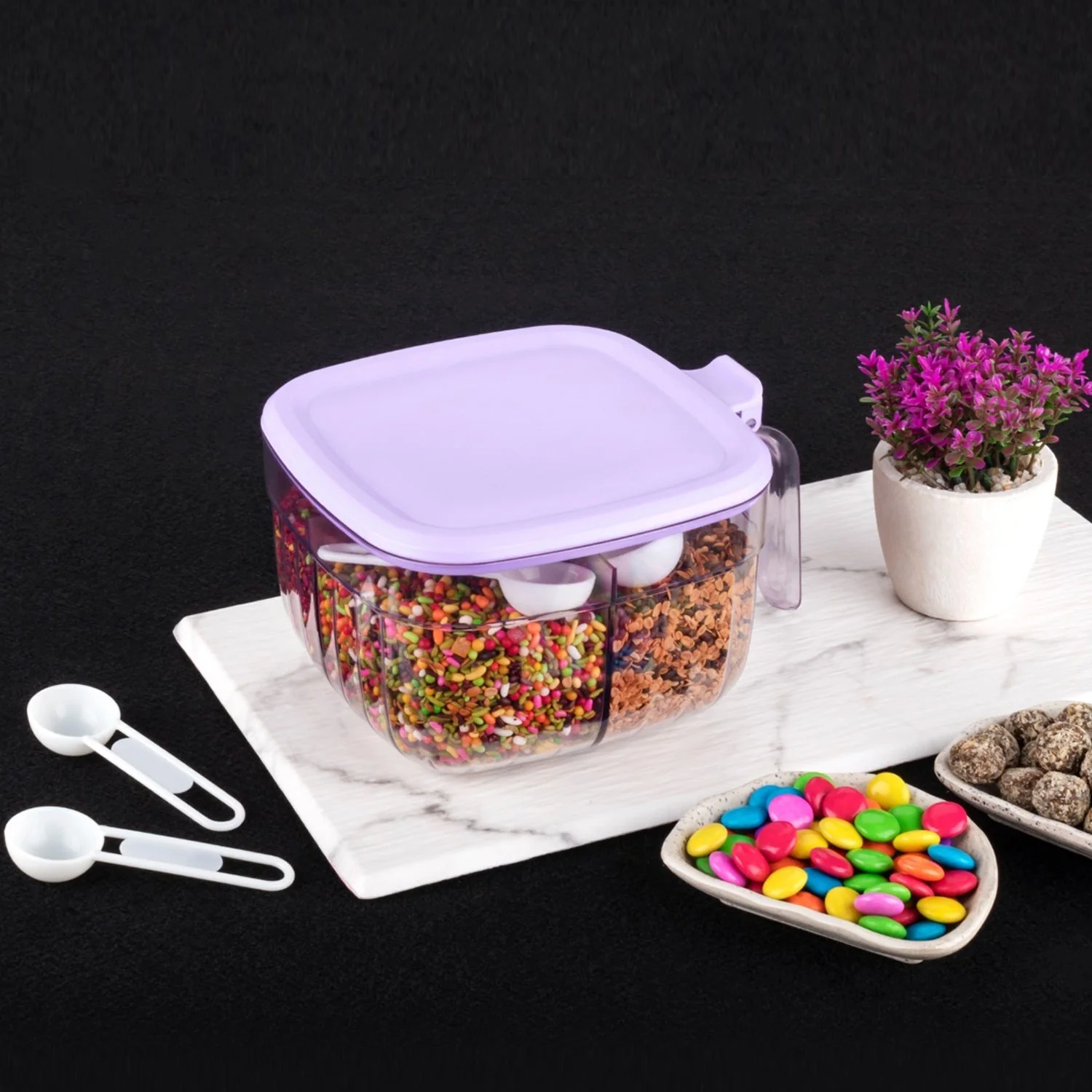 5784 Multipurpose Dry fruit Set, Chocolate, Snacks Storage Box, Masala Box for Home and Kitchen Airtight Dry Fruit Plastic Storage Container Tray Set With Lid & 4 Compartment, 4 Spoon Container for Sweets,Chips,Cookies | (1 Pc ) - Image 3