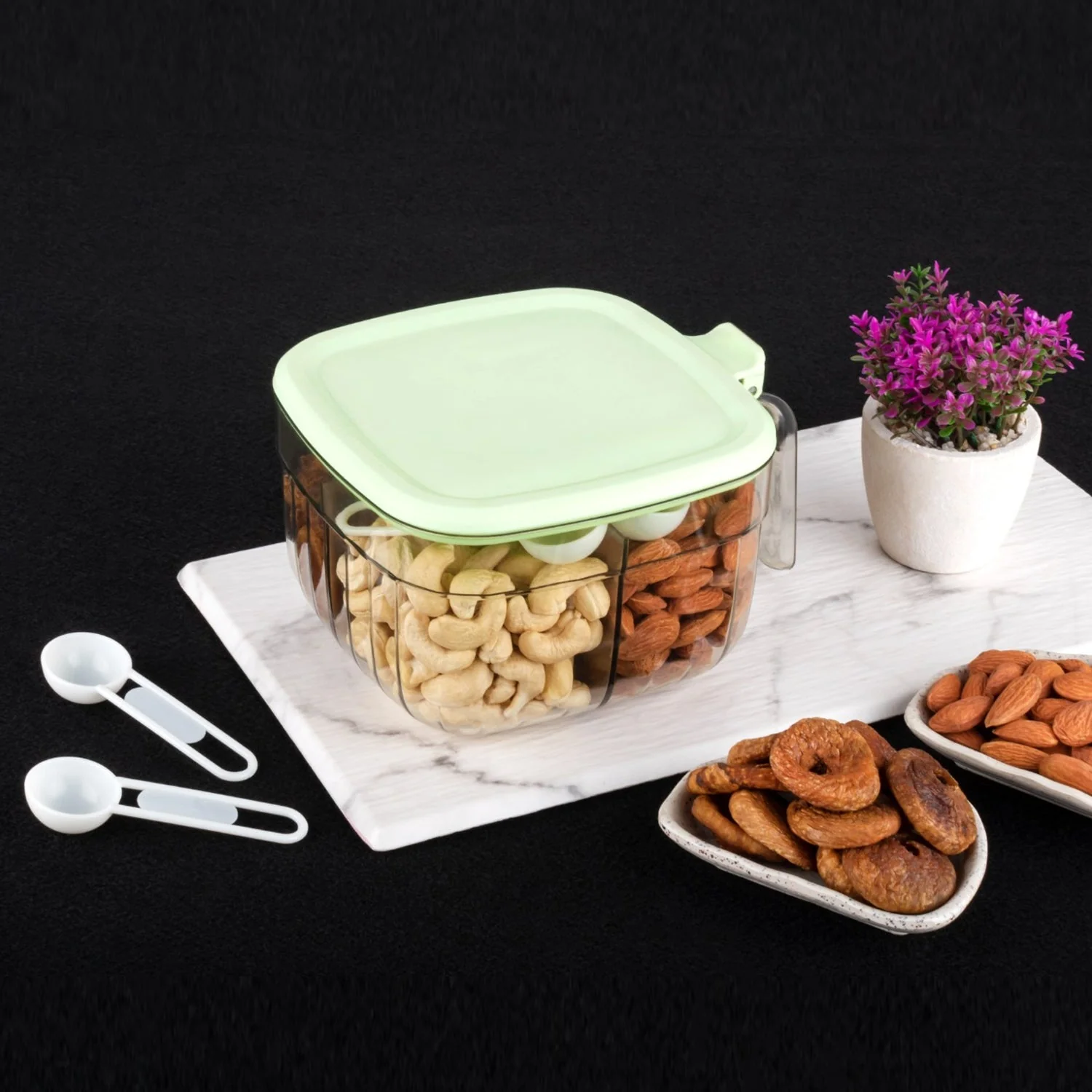5784 Multipurpose Dry fruit Set, Chocolate, Snacks Storage Box, Masala Box for Home and Kitchen Airtight Dry Fruit Plastic Storage Container Tray Set With Lid & 4 Compartment, 4 Spoon Container for Sweets,Chips,Cookies | (1 Pc ) - Image 5