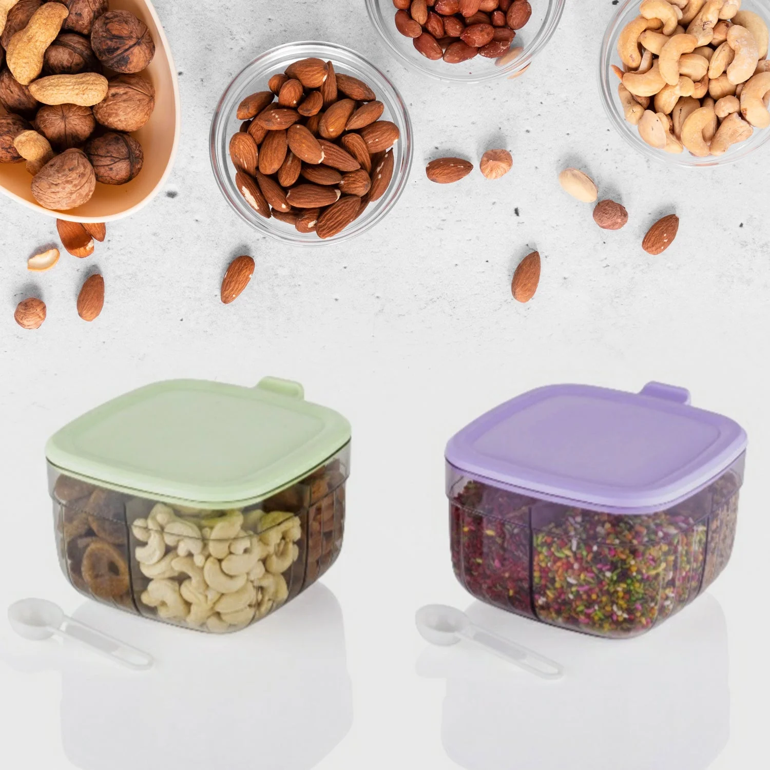 5784 Multipurpose Dry fruit Set, Chocolate, Snacks Storage Box, Masala Box for Home and Kitchen Airtight Dry Fruit Plastic Storage Container Tray Set With Lid & 4 Compartment, 4 Spoon Container for Sweets,Chips,Cookies | (1 Pc ) - Image 6