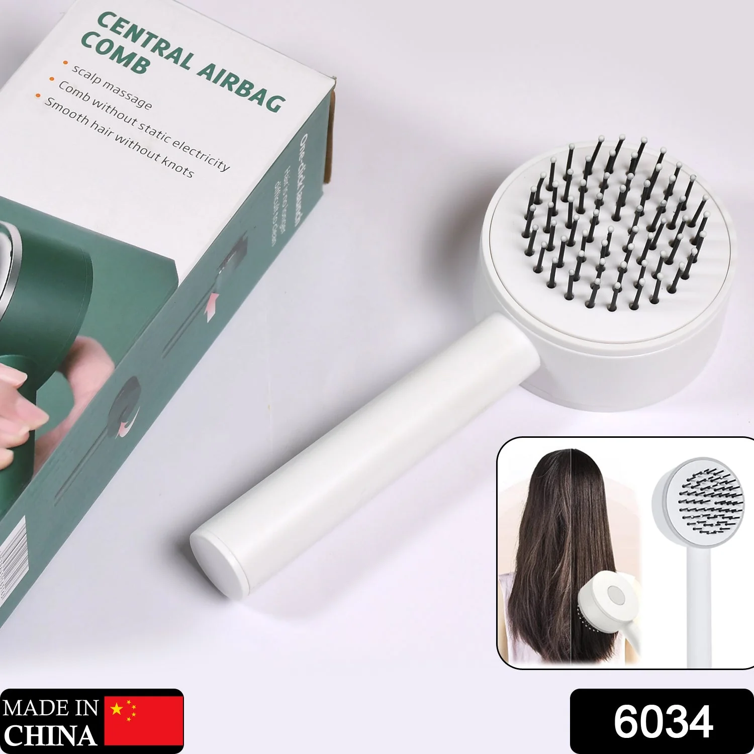 6034 Air Cushion Massage Brush, Airbag Massage Comb with Long Handle, Self-Cleaning Hair Brush, Detangling Anti-Static for All Hair