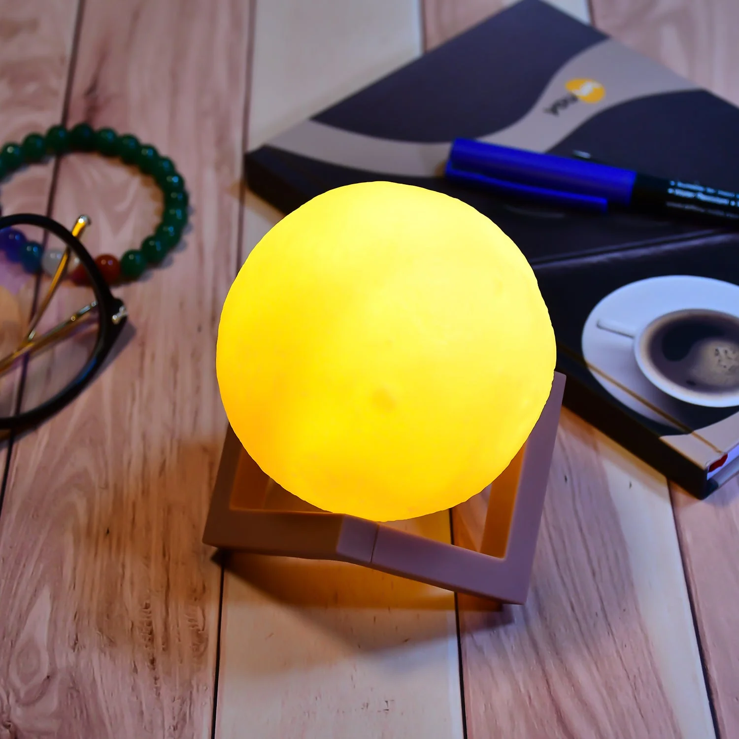 6273 Moon Night Lamp Yellow Colors Changing Touch Sensor with Wooden Stand Night Lamp for Bedroom - Image 3