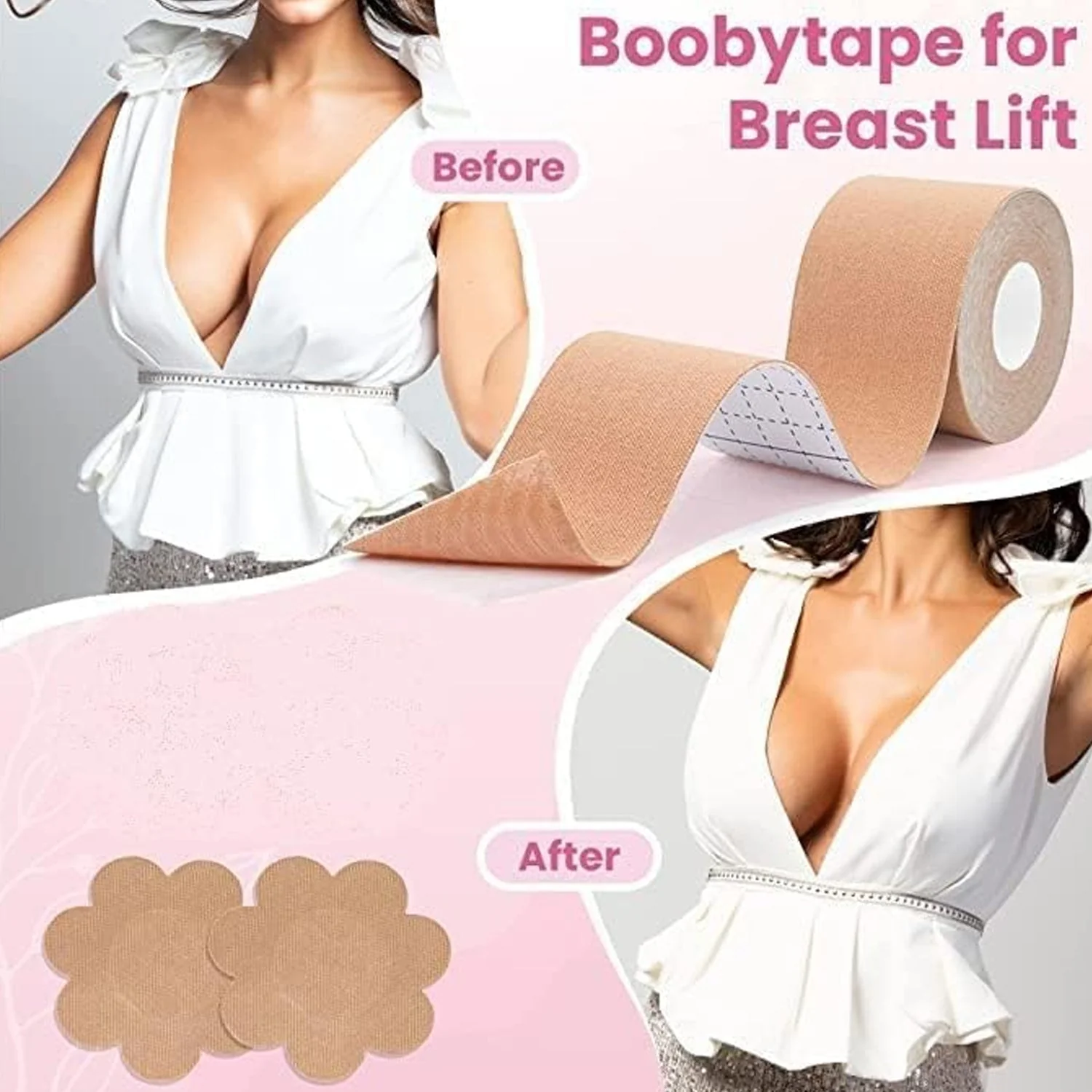 AM7310 Boob Tape with 10 Pairs Nipple Cover Cotton Wide Thin Breast Tape - Women's & Girl's Breast Lift Booby Tape - Push Up & Lifting Tape - Suitable for All Breast Types - Breast Lift Bra Tape - Bob Tape for Natural Breast Lift (1 Pc 5 Meters) - Image 2