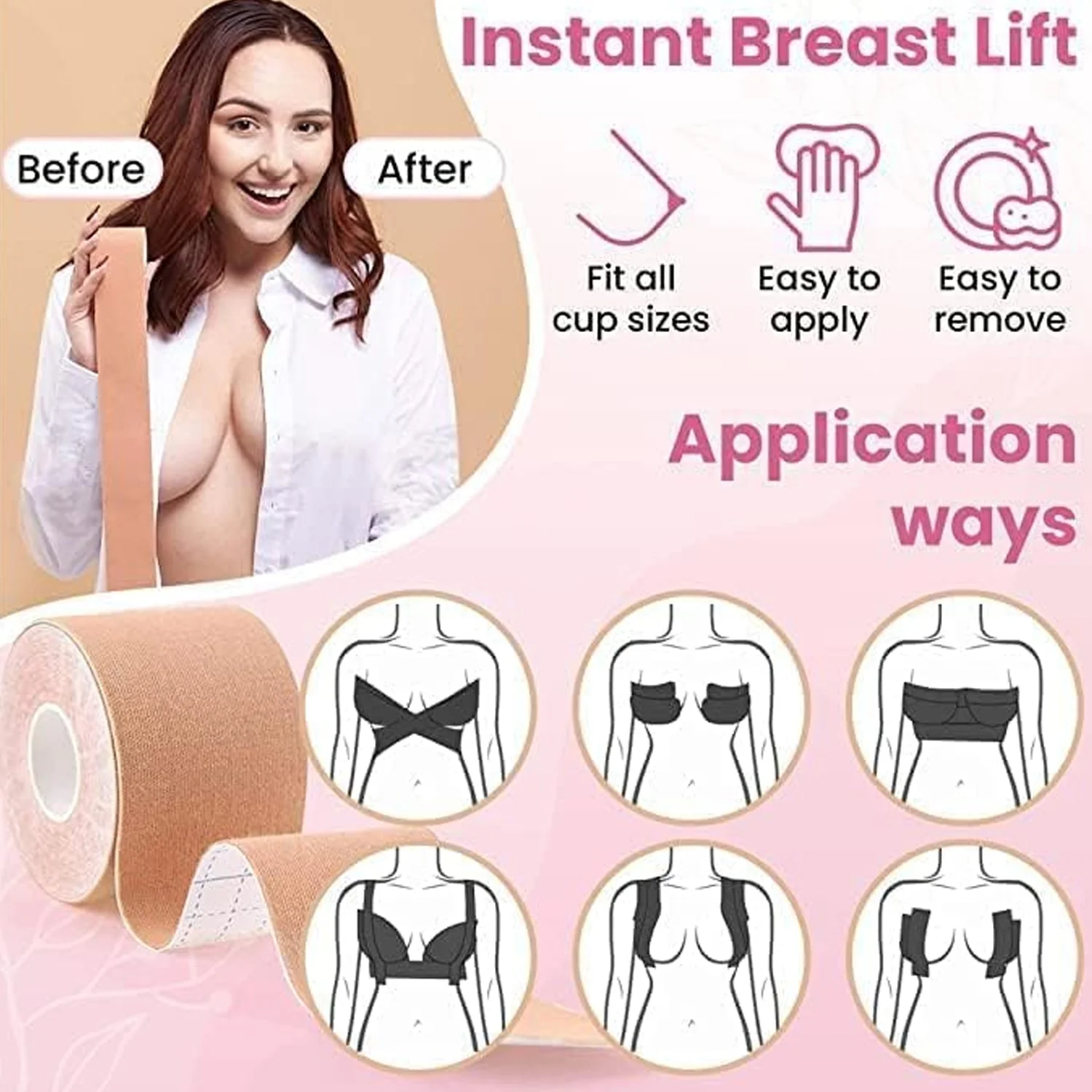 AM7310 Boob Tape with 10 Pairs Nipple Cover Cotton Wide Thin Breast Tape - Women's & Girl's Breast Lift Booby Tape - Push Up & Lifting Tape - Suitable for All Breast Types - Breast Lift Bra Tape - Bob Tape for Natural Breast Lift (1 Pc 5 Meters) - Image 8