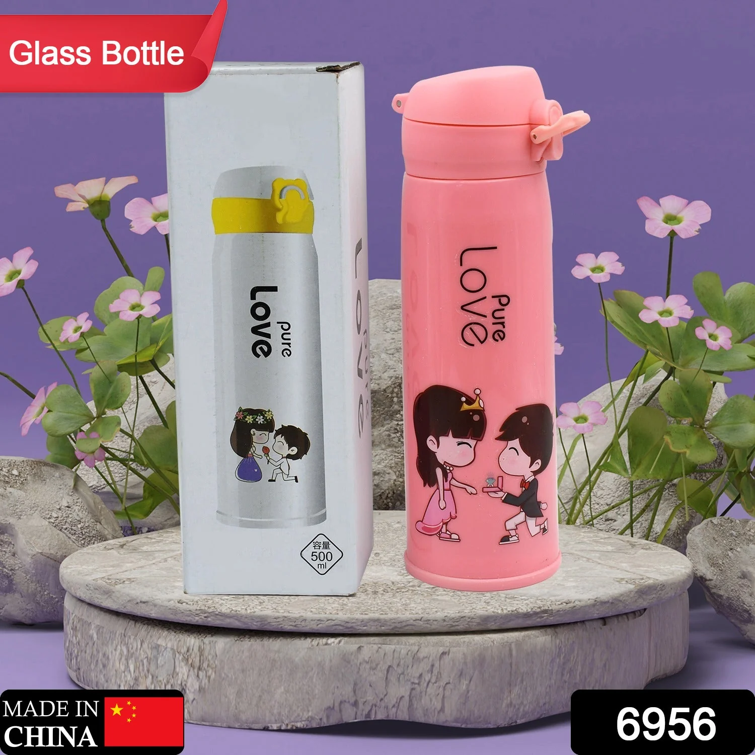 6956 Pure Love outdoor sport water bottle 500ml leak proof BPA-free for travel cold and hot water glass water bottle with daily water intake for gym and children, Fridge, for Home, Office, School (MOQ :- 80 Pc) - Image 2