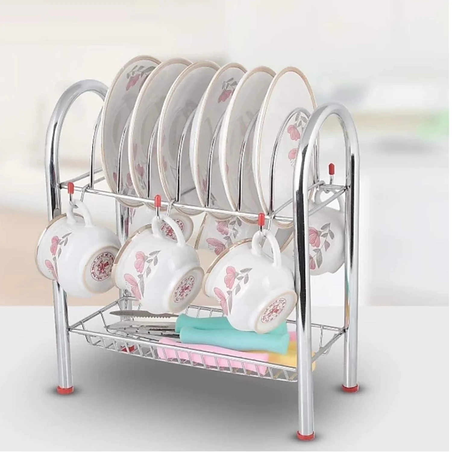 0746_Stainless Steel 2 Layer Plate & Bowl Stand Kitchen Utensil Rack/Cutlery Stand - Image 3