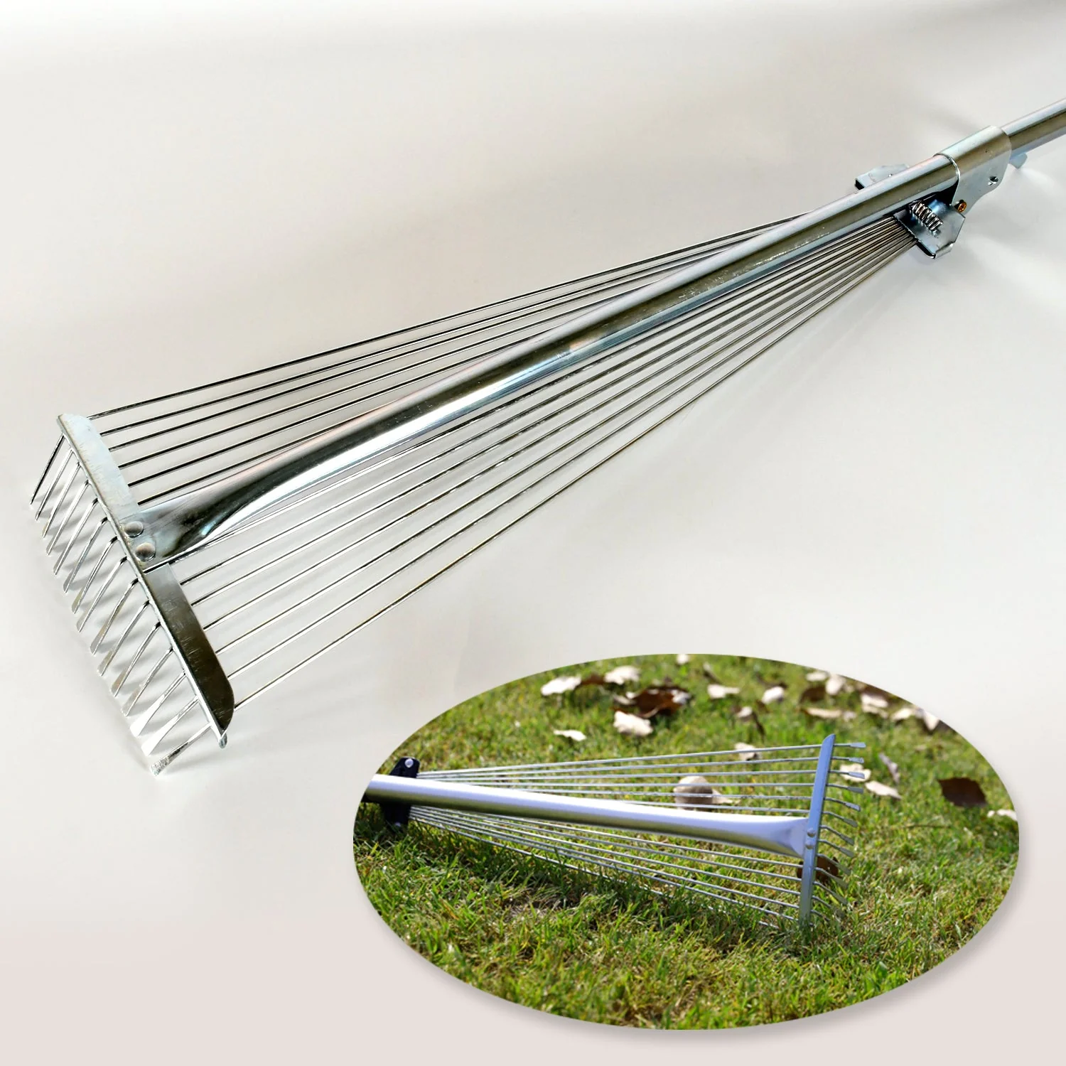7599 115-152 CM Rake for Gardening, Stainless Steel Telescopic Garden Rake for Quick Clean Up of Lawn and Yard, Adjustable Rake Claws Spacing Garden Broom with Long Handle for Clean Leaves (MOQ :- 12 pc) - Image 5
