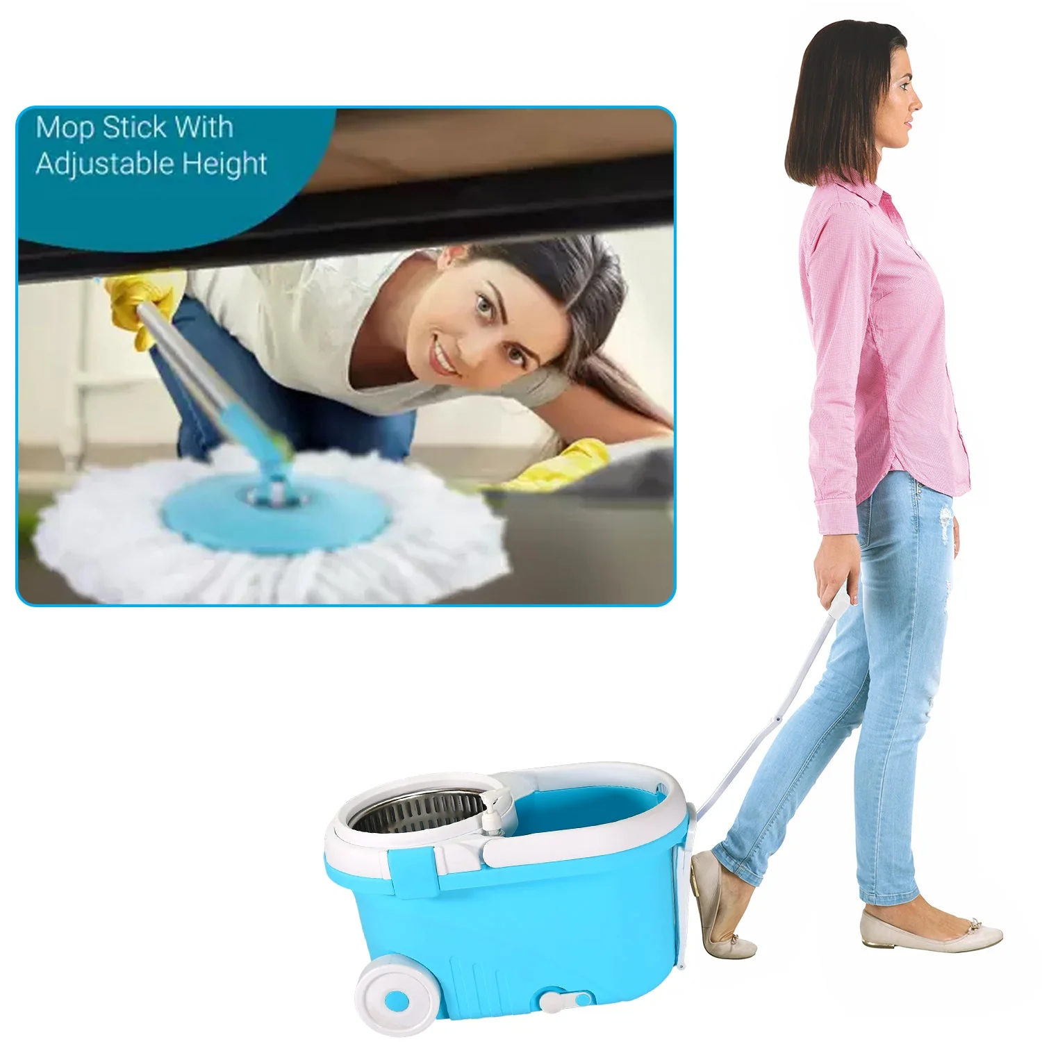 8713 GANESH Prime Plus Steel Spinner Bucket Mop 360 Degree Self Spin Wringing with 2 Absorbers for Home and Office Floor Cleaning Mops Set. - Image 9