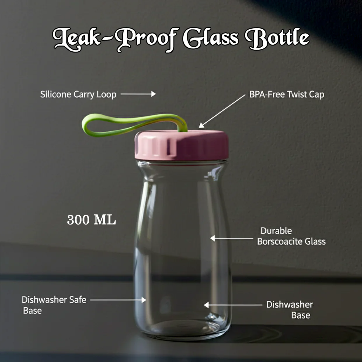 9866 Premium Glass Bottle with Leak-Proof Lid 300 ML - Image 2