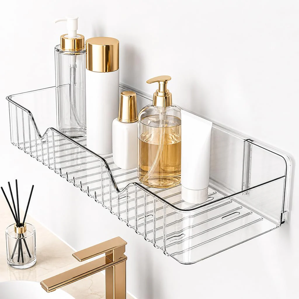 A06495 Acrylic Transparent Bathroom Shelf – Wall Mounted Adhesive Storage Organizer caddy - Image 3