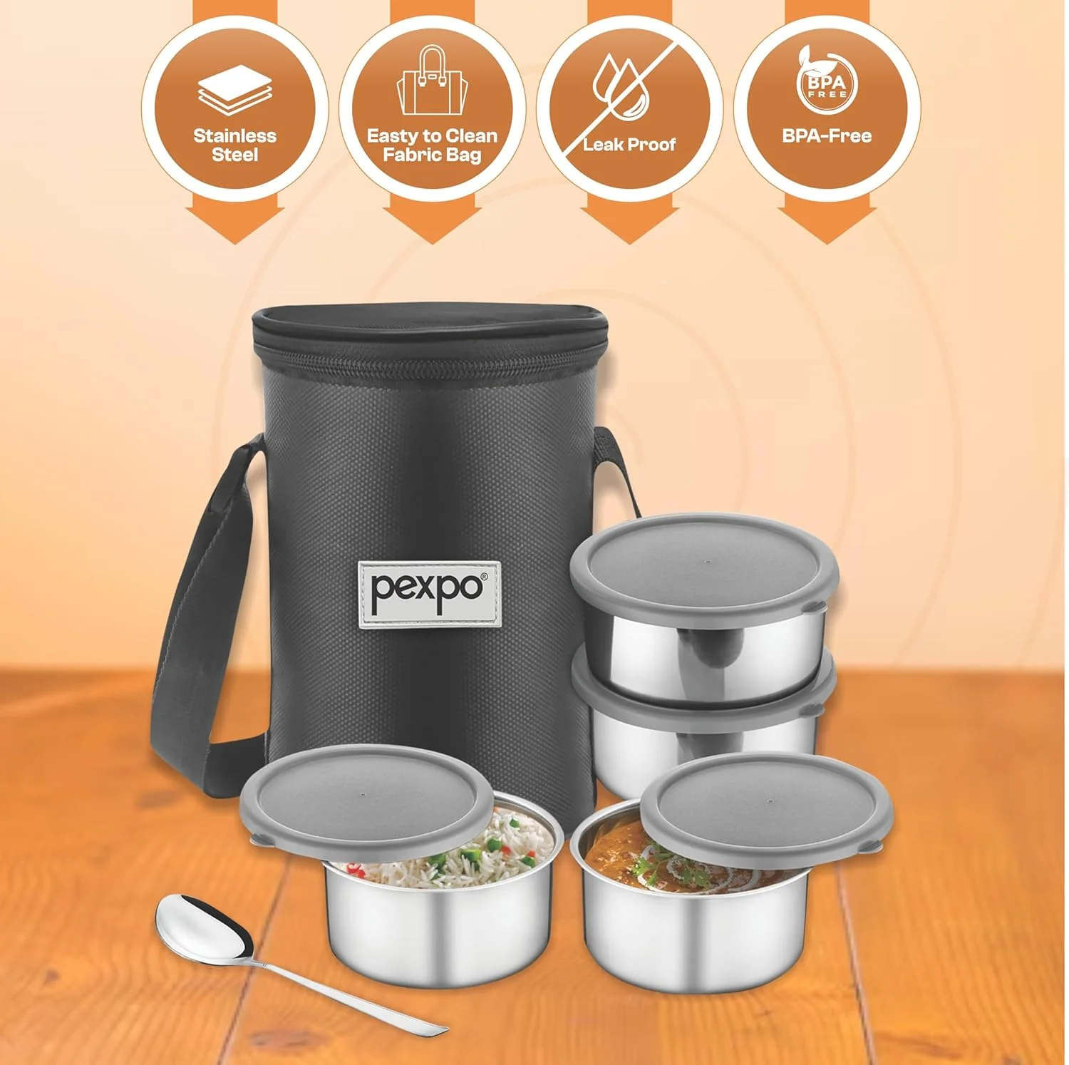 AM3525 SS Pexpo Eco Pro-4 Lunch Box Set 4Container,1 Spoon,Elegant Bag - Image 2
