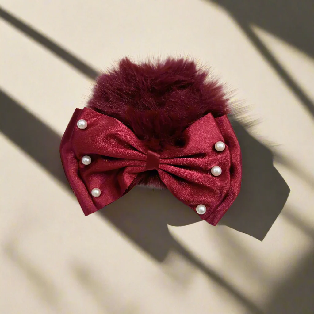 AM1279 BIG Bow Soft Fur Elastic Hair Band With Pearl ,Hair Band for Girls, Women's and Kids Baby Toddlers 1pc