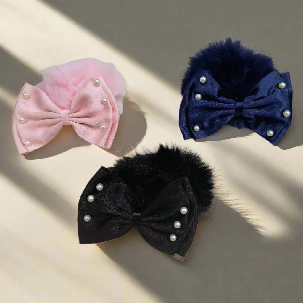 AM1279 BIG Bow Soft Fur Elastic Hair Band With Pearl ,Hair Band for Girls, Women's and Kids Baby Toddlers 1pc - Image 2