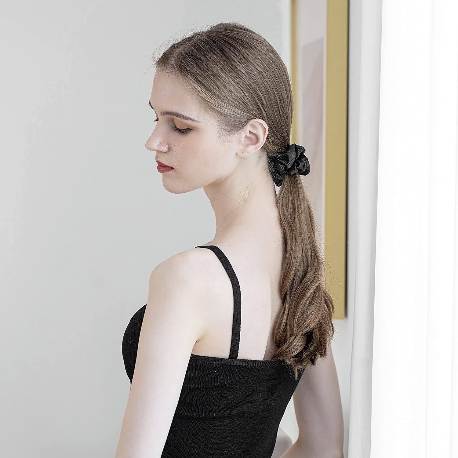 AM1285 Black Silk Hair Ties for Women Girls with Elastic Band - 1pc - Image 3