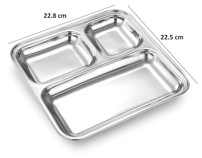 AM3333 Square Pav Bhaji Stainless Steel Plates(22.8cm X 22.5cm)with 3 Compartments - Image 4