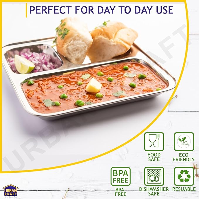AM3333 Square Pav Bhaji Stainless Steel Plates(22.8cm X 22.5cm)with 3 Compartments - Image 6