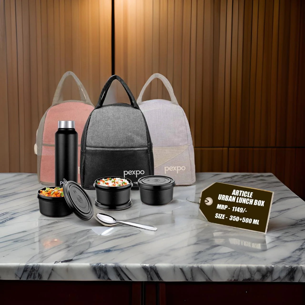 AM2229 Pexpo Urban Lunch Box with 3 Containers 350ml, Bottle 750ml ,1 Spoon & ElegantBag - Image 3